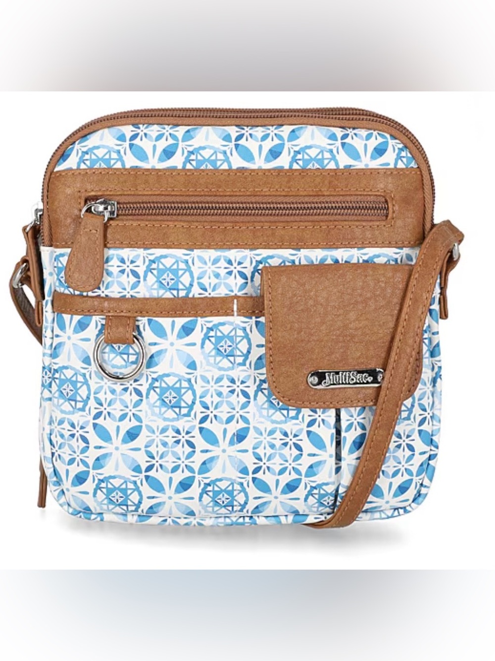 Mundi Blue Tile Pattern Crossbody Bag with Tan Trim